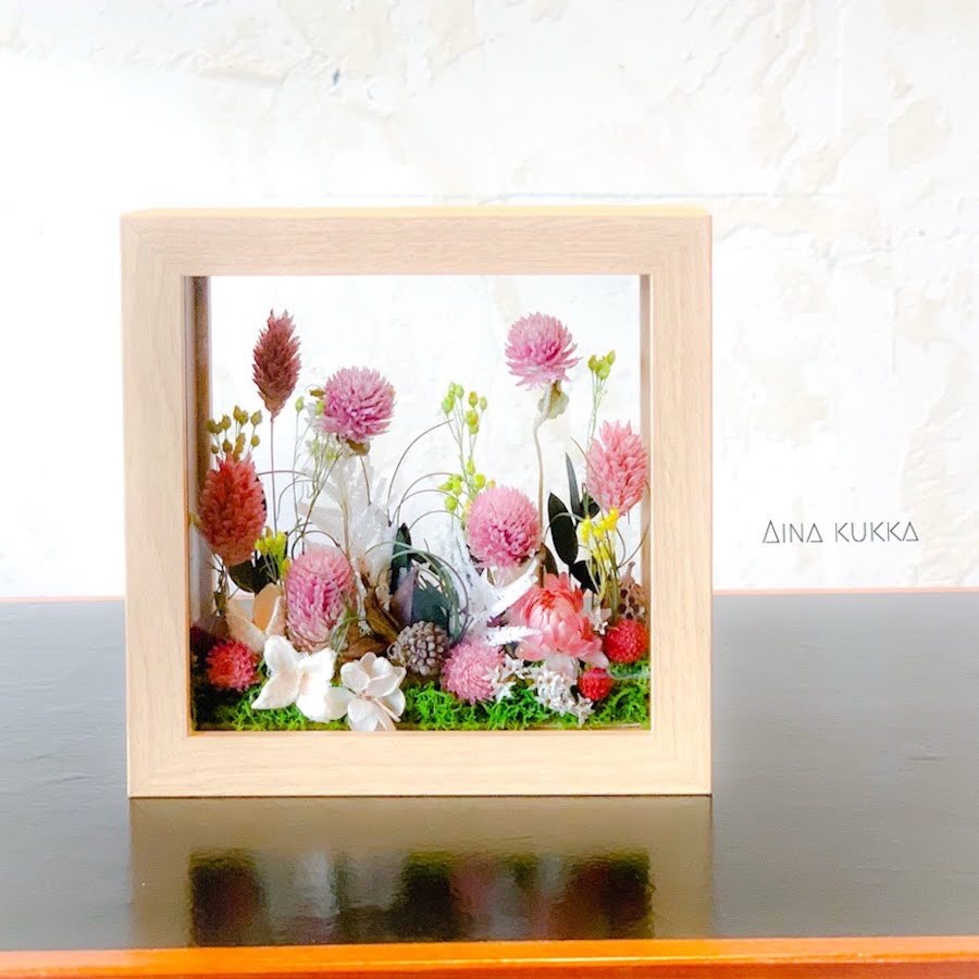 [ガラスフレームアレンジ]ナチュラルピンクガーデン/プリザーブド×ドライフラワー